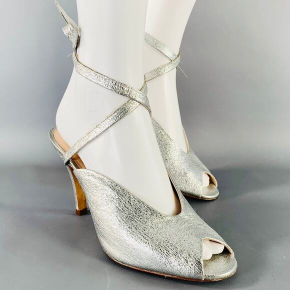 LOEFFLER RANDALL Size 8 Metallic Silver Crinkled Leather Ankle Strap Pumps - Picture 1 of 7
